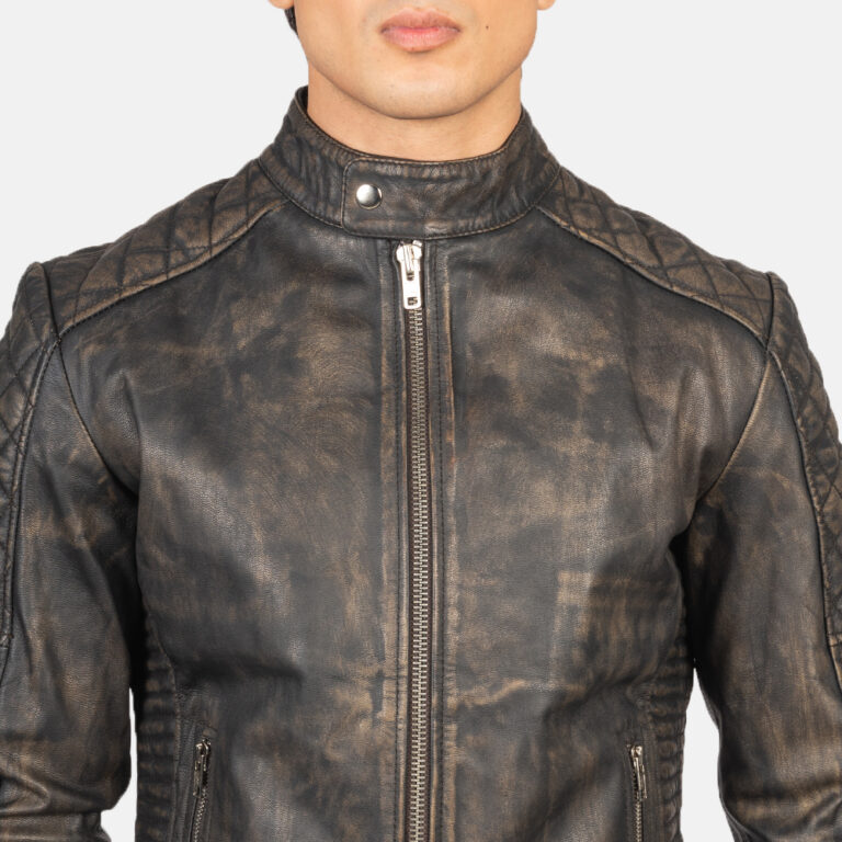 Mens Fernando Quilted Distressed Brown Leather Biker Jacket Close-Up-9-1634129103069